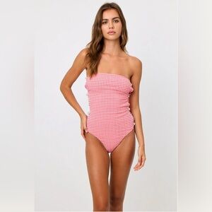 Laporte Strapless Pink Gingham One-Piece Pearl Side Cut Outs Large Swimsuit